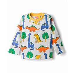 Babyhug Cotton Knit Full Sleeves T-Shirt & Pyjama Co-Ord Night Suit With Dino Print - White