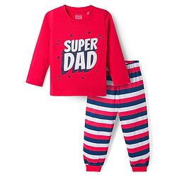 Babyhug Cotton Knit Full Sleeves T-Shirt & Striped Pyjama Night Suit With Text Print - Red