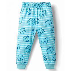 Babyhug Cotton Knit Full Sleeves T-Shirt & Pyjama Co-Ord Striped Night Suit With Animal Print - Blue