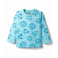 Babyhug Cotton Knit Full Sleeves T-Shirt & Pyjama Co-Ord Striped Night Suit With Animal Print - Blue
