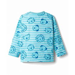 Babyhug Cotton Knit Full Sleeves T-Shirt & Pyjama Co-Ord Striped Night Suit With Animal Print - Blue