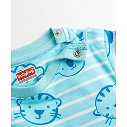 Babyhug Cotton Knit Full Sleeves T-Shirt & Pyjama Co-Ord Striped Night Suit With Animal Print - Blue