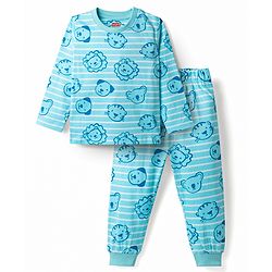 Babyhug Cotton Knit Full Sleeves T-Shirt & Pyjama Co-Ord Striped Night Suit With Animal Print - Blue