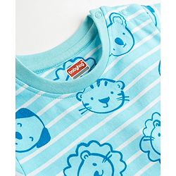 Babyhug Cotton Knit Full Sleeves T-Shirt & Pyjama Co-Ord Striped Night Suit With Animal Print - Blue