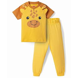 Babyhug Cotton Knit Half Raglan Sleeves Giraffe Printed T-Shirt & Pyjama Night Suit - Yellow