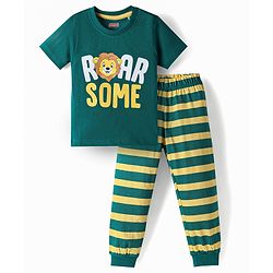 Babyhug Cotton Knit Half Sleeves Tiger Printed & Striped T-Shirt & Pyjama Night Suit - Teal Blue
