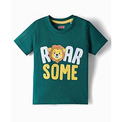 Babyhug Cotton Knit Half Sleeves Tiger Printed & Striped T-Shirt & Pyjama Night Suit - Teal Blue