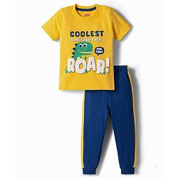 Babyhug Cotton Knit Half Sleeves T-Shirt & Pyjama Night Suit With Dino Print - Yellow