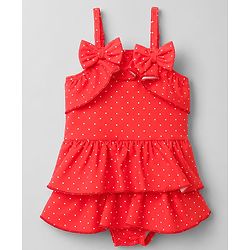 Babyhug Water Repellant Sleeveless Frock Swimsuit with Polka Dot Print & Bow Applique - Red