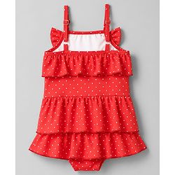 Babyhug Water Repellant Sleeveless Frock Swimsuit with Polka Dot Print & Bow Applique - Red