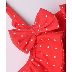 Babyhug Water Repellant Sleeveless Frock Swimsuit with Polka Dot Print & Bow Applique - Red