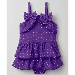 Babyhug Water Repellant Sleeveless Frock Swimsuit with Polka Dot Print & Bow Applique - Lavender