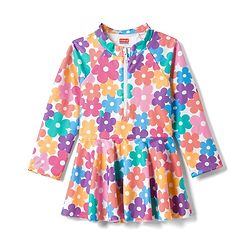 Babyhug Water Repellant Raglan Full Sleeves Frock Swimsuit with Floral Print - Multicolour