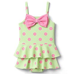 Babyhug Water RepellantLycra Sleeveless Frock Swimsuit With Polka Dots Print & Bow Applique - Green