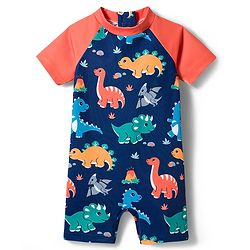 Babyhug Water Repellent Half Raglan Sleeves Legged Swimsuit with Dino Print - Navy Blue