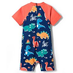 Babyhug Water Repellent Half Raglan Sleeves Legged Swimsuit with Dino Print - Navy Blue
