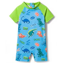 Babyhug Water Repellent Half Raglan Sleeves Legged Swimsuit with Dino Print - Blue