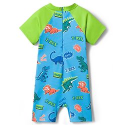 Babyhug Water Repellent Half Raglan Sleeves Legged Swimsuit with Dino Print - Blue