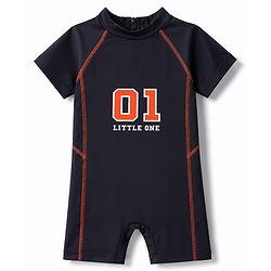 Babyhug Water Repellent Half  Raglan Sleeves Legged Swimsuit With Text Print- Black