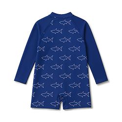 Babyhug Water Repellant  Raglan Sleeves Legged Swimsuit With Shark Print - Navy Blue