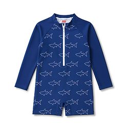 Babyhug Water Repellant  Raglan Sleeves Legged Swimsuit With Shark Print - Navy Blue