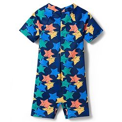 Babyhug Water Repellant Raglan Half  Sleeves Legged Swimsuit Star Print - Navy