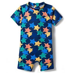 Babyhug Water Repellant Raglan Half  Sleeves Legged Swimsuit Star Print - Navy
