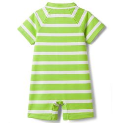 Babyhug Water Repellant Raglan Half  Sleeves Stripped Legged Swimsuit Boat Print - Green