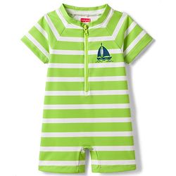 Babyhug Water Repellant Raglan Half  Sleeves Stripped Legged Swimsuit Boat Print - Green