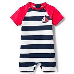 Babyhug Water Repellant Raglan Half  Sleeves Stripped Legged Swimsuit Boat Print - Navy