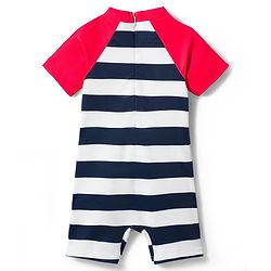 Babyhug Water Repellant Raglan Half  Sleeves Stripped Legged Swimsuit Boat Print - Navy