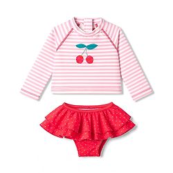 Babyhug Water Repellant Raglan Full Sleeves Two Piece Swimsuit with Stripes & Cherry Print - Red