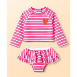 Babyhug Water Repellant Raglan Full Sleeves Two Piece Swimsuit with Stripes & Strawberry Print - Print