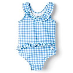 Babyhug Water Repellent Sleeveless Checks V Cut Swimsuit with Floral Print - Light Blue