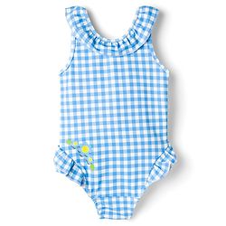 Babyhug Water Repellent Sleeveless Checks V Cut Swimsuit with Floral Print - Light Blue
