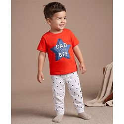 Babyhug 100% Cotton Knit Half Sleeves T-Shirt & Pyjama Night Suit With Star & Text Print - Red