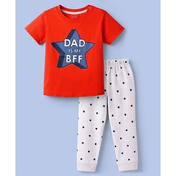Babyhug 100% Cotton Knit Half Sleeves T-Shirt & Pyjama Night Suit With Star & Text Print - Red