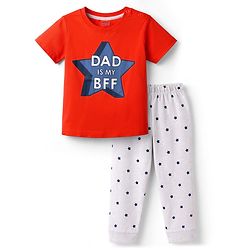 Babyhug 100% Cotton Knit Half Sleeves T-Shirt & Pyjama Night Suit With Star & Text Print - Red