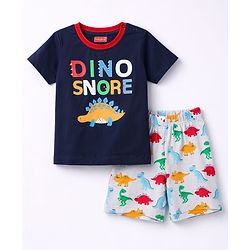 Babyhug Cotton Knit Half Sleeves T-Shirt & Shorts Night Suit With Dino Print - Blue
