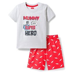 Babyhug 100% Cotton Knit Half Sleeves T-Shirt & Shorts Night Suit With Super Hero Print - White & Red