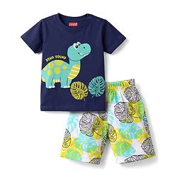 Babyhug 100% Cotton Knit Half Sleeves T-Shirt & Shorts Night Suit With Leaf & Dino Print - Blue