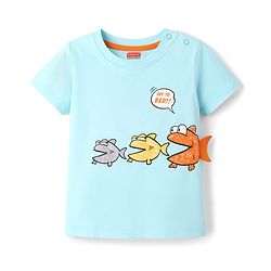 Babyhug 100% Cotton Knit Half Sleeves T-Shirt & Shorts Night Suit With Fish Print - Light Blue