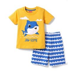 Babyhug 100% Cotton Knit Half Sleeves Sea Life Printed & Striped T-Shirt & Shorts Night Suit - Orange