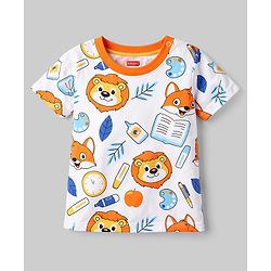 Babyhug 100% Cotton Knit Half Sleeves Co-Ord T-Shirt & Shorts Night Suit With Lion Print - White