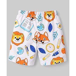 Babyhug 100% Cotton Knit Half Sleeves Co-Ord T-Shirt & Shorts Night Suit With Lion Print - White