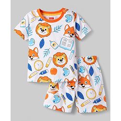 Babyhug 100% Cotton Knit Half Sleeves Co-Ord T-Shirt & Shorts Night Suit With Lion Print - White