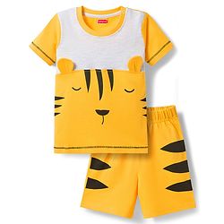 Babyhug 100% Cotton Knit Half Sleeves T-Shirt & Shorts Night Suit With Tiger Print & Applique - Yellow