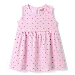 Babyhug Single Jersey Knit Sleeveless Flared One Piece Dress With Heart Print - Pink