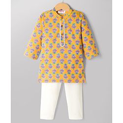 Babyhug 100% Cotton Cambric Woven Full Sleeves Floral Printed Kurta & Pyjama Set - Yellow