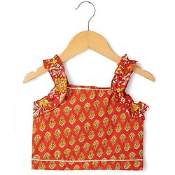 Babyhug 100% Cotton Cambric Woven Sleeveless Floral Printed Lehenga Choli Set With Dupatta - Red